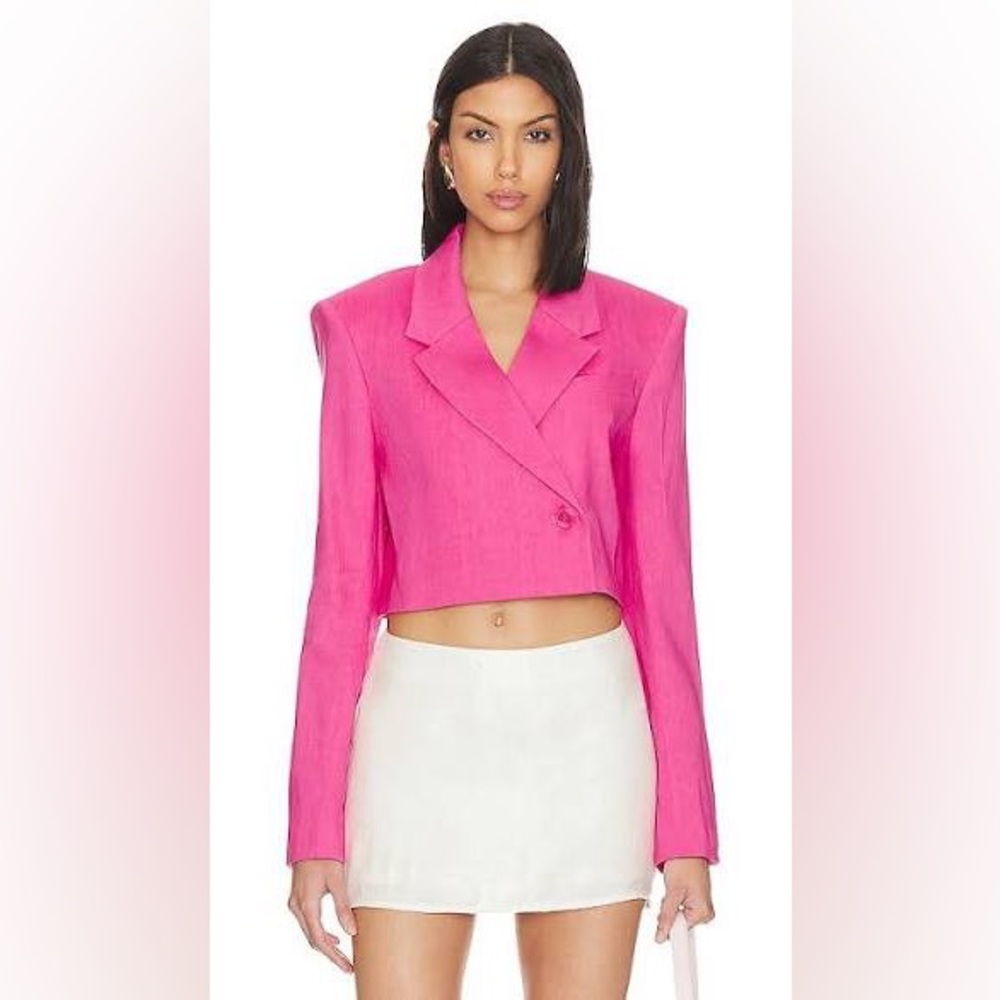 Frame Cropped Strong Shoulder Blazer in Flamingo Large Pink NWT